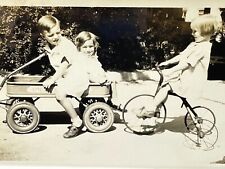 VH Photograph Kids Playing Tricycle Wagon Boy Girls 1930-40's picture