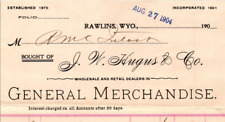 1904 J W Hugus Wholesale Retial General Merchandise Billhead RAWLINS WY AA191 picture