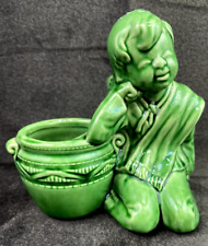 Planter Vintage MCM Green Ceramic Boy Daydreaming Sleepy next to Basket picture