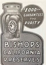 Antique1903 BISHOP'S CALIFORNIA PRESERVES Vtg Print Ad w/Fig Jam/Jelly Jar Image picture