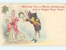 Pre-1907 christmas COLONIAL ERA MAN GIVES FLOWER BOUQUET TO PRETTY WOMAN hk9464 picture