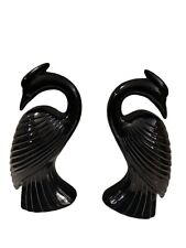 Pair Vintage Art Deco Black Herons Birds Ceramic Decor 80s  picture