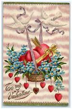 1909 Valentine Hearts And Flowers In Basket Embossed Posted Antique Postcard picture