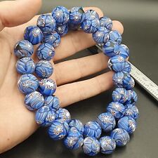 Vintage Floral blue glass Beads / Beaded long Strand Necklace 15-16mm picture