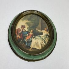 Vintage Florentine Toleware Aqua Gold Oval Frame w/ Family Park Print Italy  picture