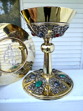 + Antique 800 Silver Chalice with Genuine Stones & Paten with Case (CU800) + picture