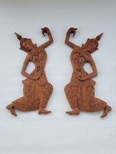 SET OF 2 WALL SCULPTURES, STUNNING VTG WOOD CARVING - Asian Dancing Women - SIAM picture