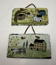 Set Of 2 Primitive Handpainted Folk Art Country Rustic Slate Gallery Wall Tiles picture