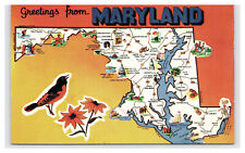 Postcard MD Greetings Large Letters State Map State Bird Oriole Maryland picture