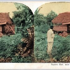 c1900s Panama Native Hut House Home Stereoview Man Bowler Hat Hand Colored V35 picture
