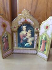 Vintage Madonna Florentine Icon Madonna & Child Gold Gilt Pink Triptych Italy picture