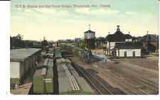 WOODSTOCK, ONTARIO, CANADA POSTCARD G.T.R. STATION & BAY STREET BRIDGE Railroad picture