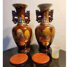 1 Pair of Porcelain Chinese 'Beverage' Urns w/ Handles / Brown Chinese Vases picture