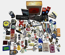 HUGE VTG Junk Drawer Lot Cigar Box Locks&keys Pens Knife Small Tools 100+ items picture