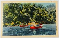 Vintage Linen Postcard Fishing in Canoe on Water Trees Vivid Colors picture