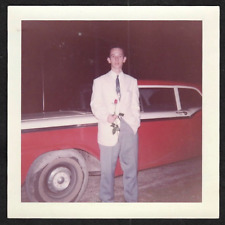 CarSpotter: 1959 Ford; Boy w White Sport Coat & Red Rose: Vintage COLOR Snapshot picture