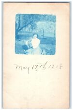 1908 Candid Cyanotype Woman Sheep Farm RPPC Photo Unposted Postcard picture
