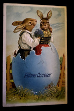Dressed Romantic Rabbits in Big Egg ~Antique~Easter Fantasy Postcard~h947 picture