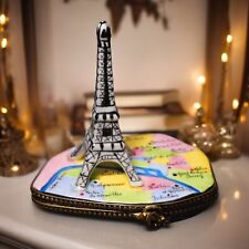 French Limoges Peint Main Porcelain Eiffel Tower/Paris Metro Map Trinket Box picture