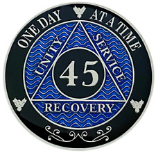AA 45 Year Coin Blue, Silver Color Plated Medallion, Alcoholics Anonymous Coin picture