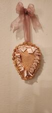 Antique Vintage Hanging Crocheted Heart Pillow Pincushion Satin Edging 16x7 picture