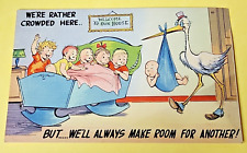 Vintage 1940's Comic Series Stork Delivers a Baby Color-Litho Linen Postcard picture