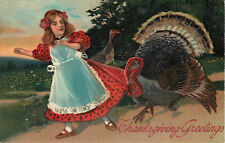 Embossed Postcard Thanksgiving Greetings Tom Turkey Bites Girl's Dress PFB 8429 picture