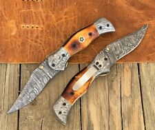 Damascus Steel Personalized Folding Pocket Knife with Camel Bone Handle Handmade picture