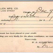 1915 Chicago, IL WD Allen Mfg Payment Invoice Receipt Form Postcard W.D ILL A169 picture