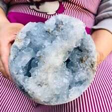6.77LB natural blue celestite geode quartz crystal mineral specimen healing picture