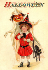 C.1910 HALLOWEEN NASH RED WITCH JOL GHOST BLACK CAT EMBOSSED H-14 POSTCARD P39 picture