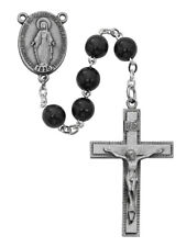 Black Wood Bead Rosary Sterling Silver Center And INRI Crucifix Christ 7mm Beads picture
