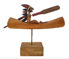 Antique Folk Art Wood Native American Indian in Canoe Whirligig on Display Stand picture