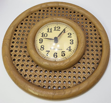 Retro Burwood Products MCM Boho Cane Wall Clock Round Cottagecore Vintage picture