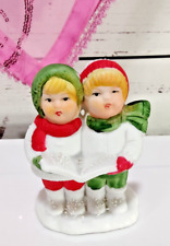 Vintage Porcelain Holiday Winter Boy and Girl Carolers Taper Candle Holder picture