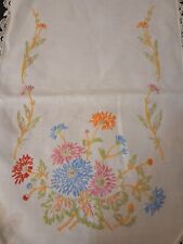 Linen Dresser Table Scarf Runner Hand Embroidered Vintage Floral 36X11 picture
