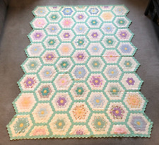 VTG Hand Made Sewn Hexagon Honeycomb Floral Pattern Bedspread Quilt - 94