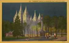 Mormon Temple Illuminated Salt Lake City Utah Vintage Linen Postcard picture
