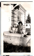 Vintage Photo Beautiful Young Girl Posing With Dog On Front Porch Americana picture