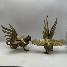 Vintage Pair Solid Brass Fighting Cocks Roosters Japan picture