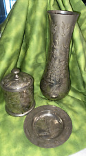 VINTAGE 4 Pc Etched Saran India.. Brass Metal Set .. Vase, Ashtray, Covered Jar picture