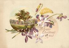 1880s-90s White & Purple Flowers A Happy Christmas to you Trade Card 1889 picture