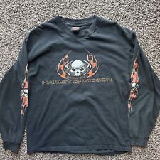 2000s-2004 Vintage Long-Sleeve Harley Davidson Fiery Skull Rare Tee Shirt🔥 picture