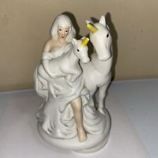 Vintage Unicorn & Baby Foal Maiden Girl Music Box Bisque Porcelain White Works picture