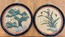VTG ANTIQUE ASIAN BLACK LACQUER JADE HERON BUTTERFLY 12” ROUND WALL HANGINGS (2) picture