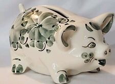 Polish Pottery Piggy Bank Green Floral Small Made In Poland Signed J.K. EUC  picture