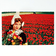 Dutch Woman & Field of Flowers Postcard 1950s Holland Netherlands Costume C3294 picture