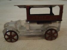 ANTIQUE GLASS CANDY CONTAINER - JITNEY BUS W/METAL ROOF & WHEELS (#114) picture