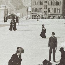 Antique 1901 Skating Rink Grindelwald Switzerland Stereoview Photo Card P3906 picture