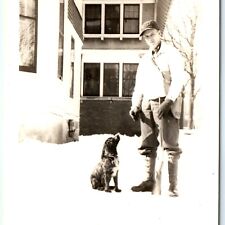 c1920s Winter Outdoors Man w/ Gun & Dog Real Photo Snapshot Hunting Pup A174 picture